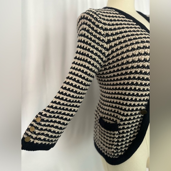 LOFT Black and White Striped Cardigan Sweater (780) - Picture 6 of 13